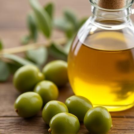 Un primer plano de aceitunas frescas y una botella de aceite de oliva.