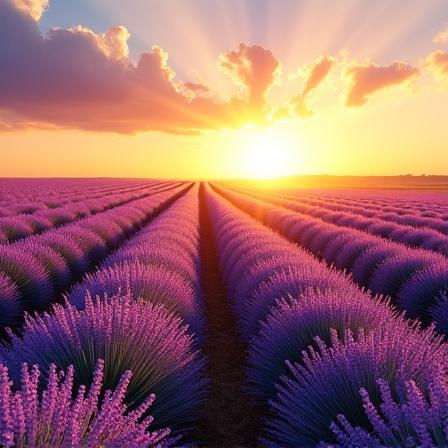 Un campo de lavanda en flor bajo el sol de la tarde.