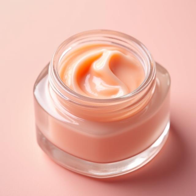 Tarro de cristal abierto mostrando la textura de una crema facial de rosa mosqueta.