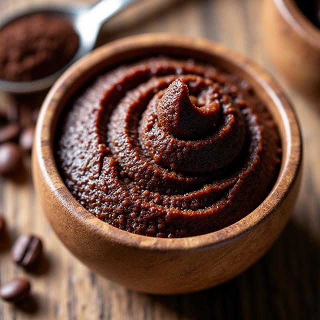 Exfoliante corporal de café en un bol de madera.
