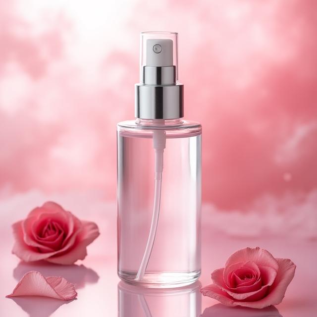 Botella con spray de tónico facial de agua de rosas.