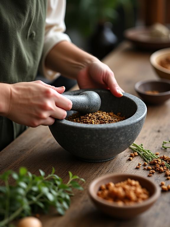 Manos de un artesano mezclando ingredientes botánicos en un cuenco de mortero.